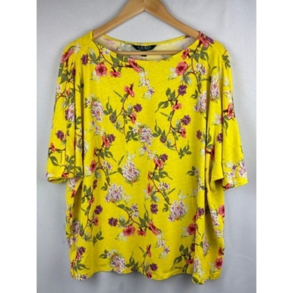 Lauren Ralph Lauren 2X Womens Yellow Floral Half Sleeve Crew Neck T-Shirt Linen